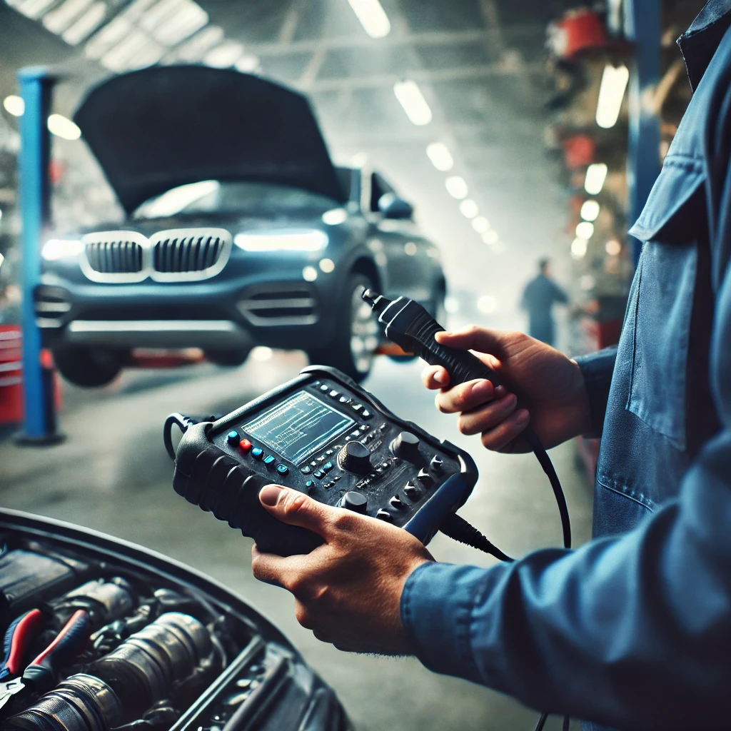 DALL·E 2024-08-04 20.14.07 - A close-up, highly realistic scene of an auto mechanic in a vehicle workshop performing computer diagnostics on a car. The focus is on the mechanic's