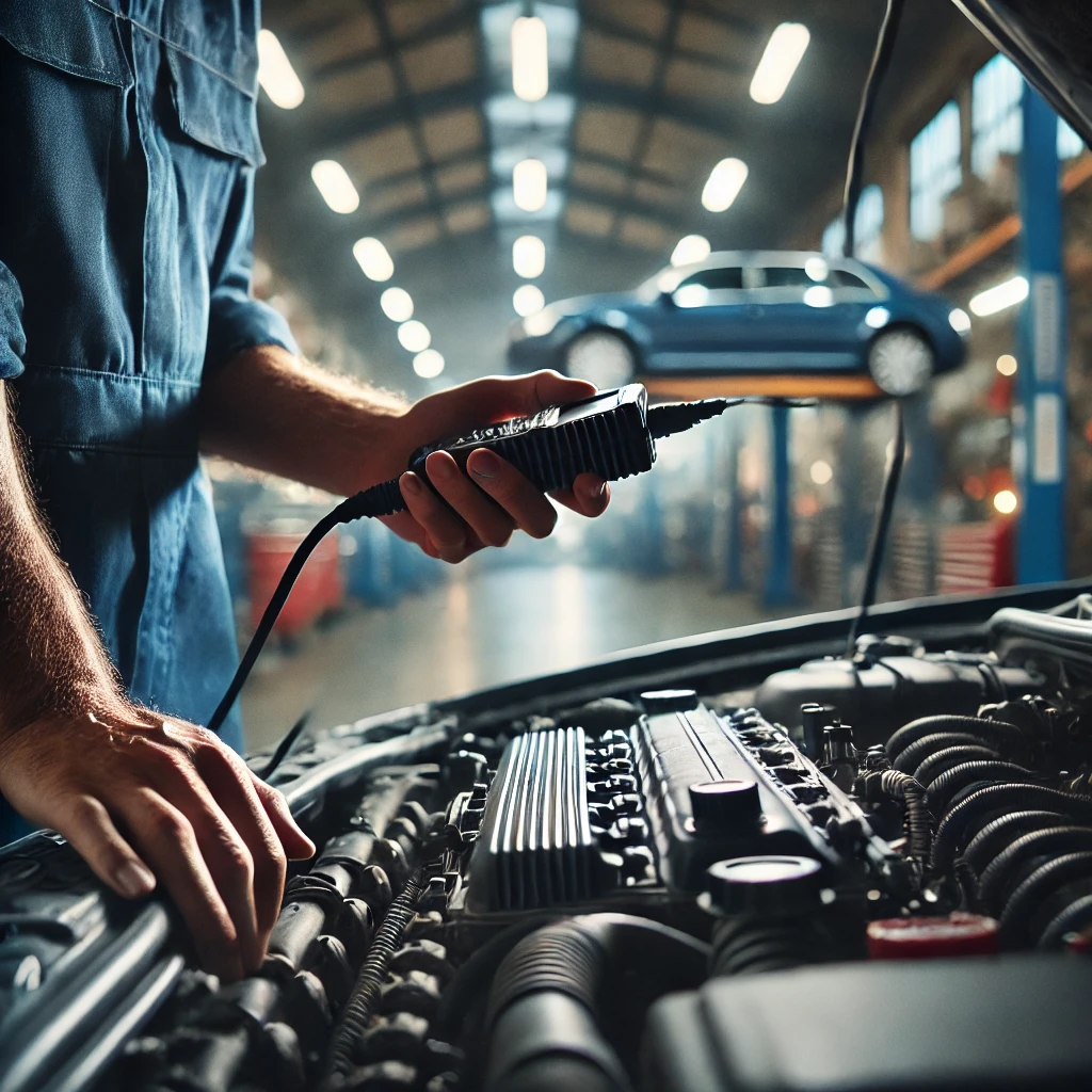 DALL·E 2024-08-04 20.14.10 - A close-up, highly realistic scene of an auto mechanic in a vehicle workshop performing a car inspection. The focus is on the mechanic's hands using d