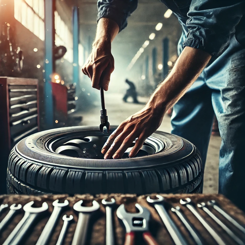 DALL·E 2024-08-04 20.14.12 - A close-up, highly realistic scene of an auto mechanic in a vehicle workshop performing tire vulcanization. The focus is on the mechanic's hands as th