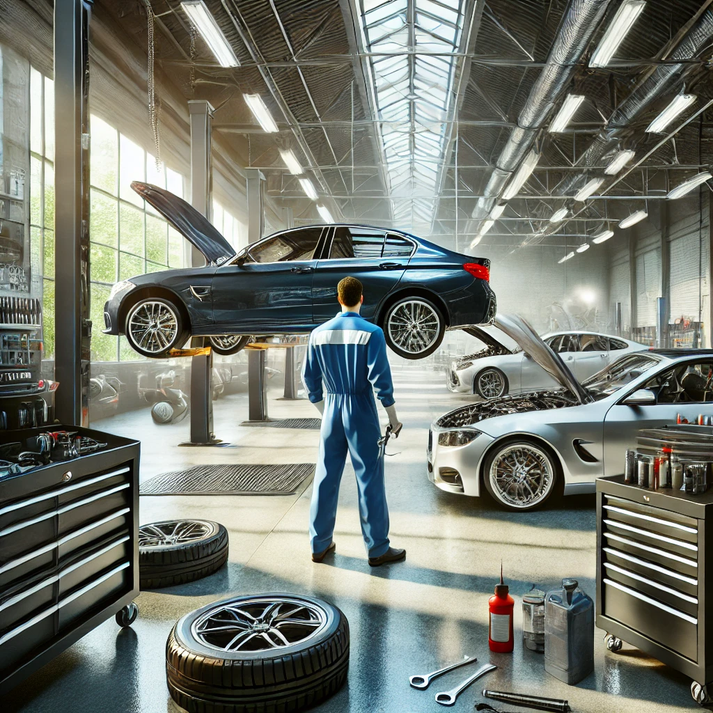 DALL·E 2024-08-04 20.55.25 - A highly realistic scene for an auto repair shop website. The image shows multiple cars in the workshop, with mechanics in blue coveralls actively wor