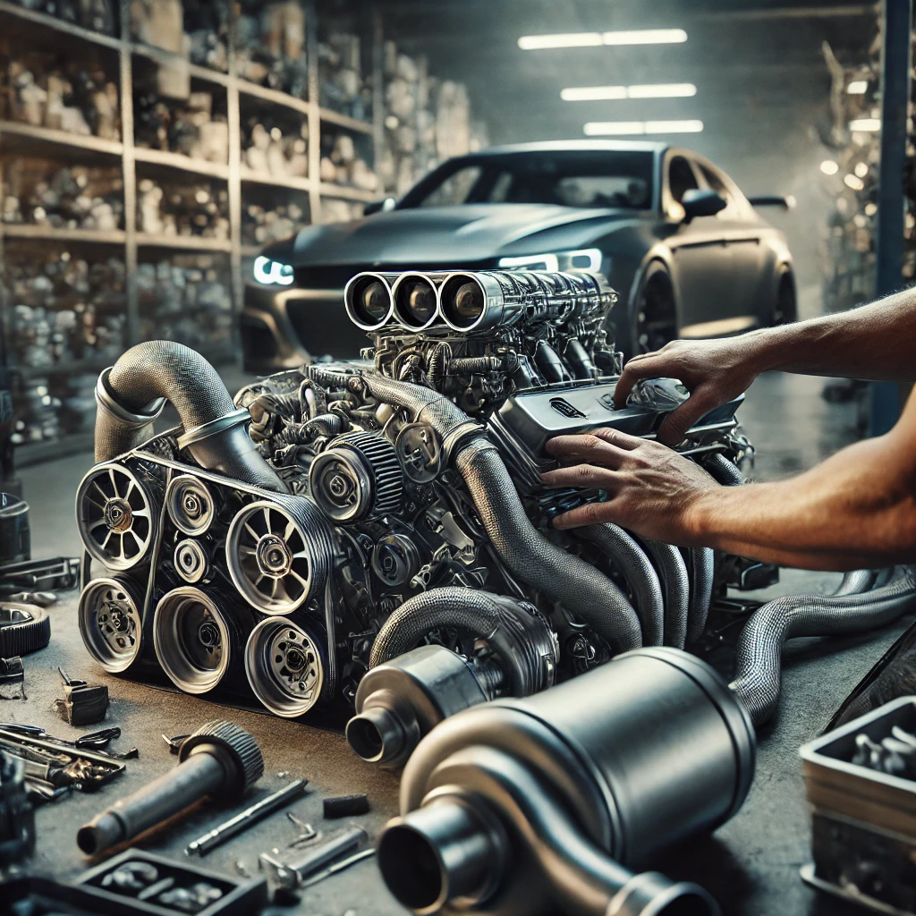 DALL·E 2024-08-07 17.56.48 - A close-up, highly realistic image of a car being tuned in an auto repair workshop. The focus is on the mechanic's hands working on performance upgrad